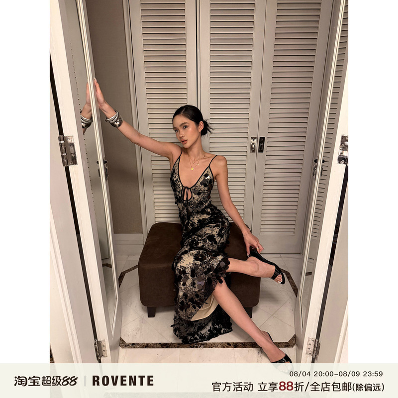 Rovente Dark Night Beauty Black Sequin Deep V Dress Women's Slim Fit Bodycon Vacation Birthday Dress Long Dress