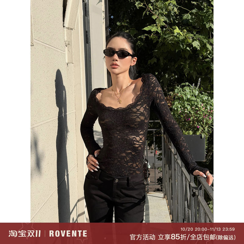 Rovente Mature Style Black Low-Neck Lace Trim Slim-Fit T-Shirt for Women with a Spicy Design and Waist-Cinching Top Rovente Mature Style Black Low-Neck Lace Trim Slim-Fit T-Shirt for Women with a Spicy Design and Waist-Cinching Top