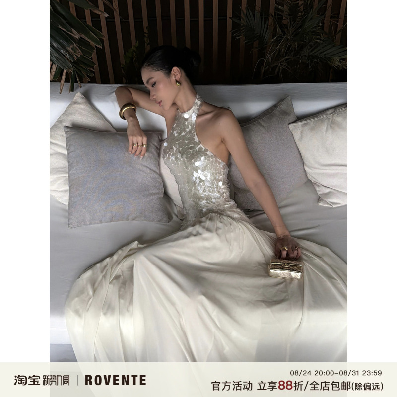 Rovente Dazzling White Sequin Halter Neck Sleeveless Dress for Women, Waist-Cinching Slimming Mesh Gown Long Dress
