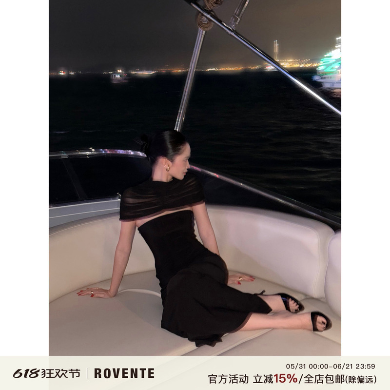 Rovente Manhattan Night Black Shawl Bodycon Dress Women's Spring Waist-Slimming Banquet Dress Long Dress