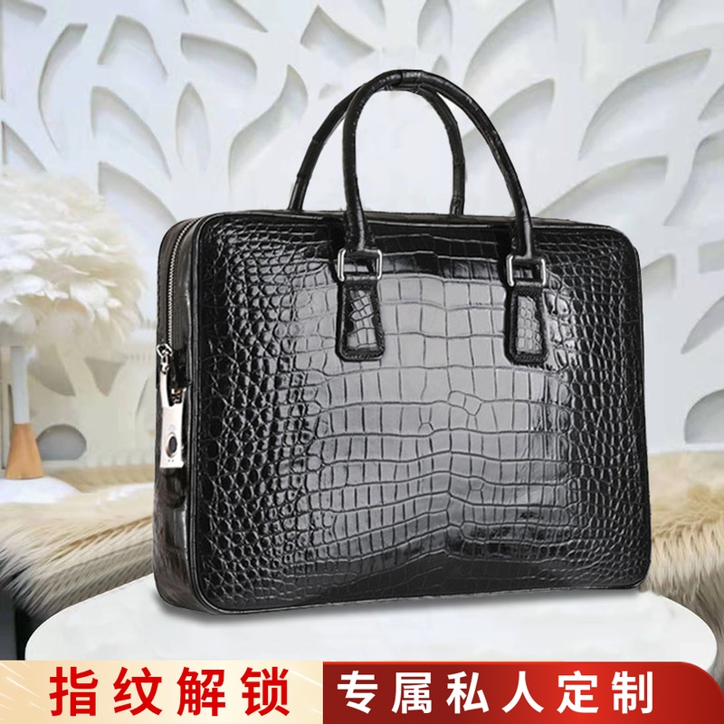 Briefcase Men Business Genuine Leather High-end Fingerprint Unlock Handbag Minimalist Crocodile Print Large Capacity Cross Carry Bag