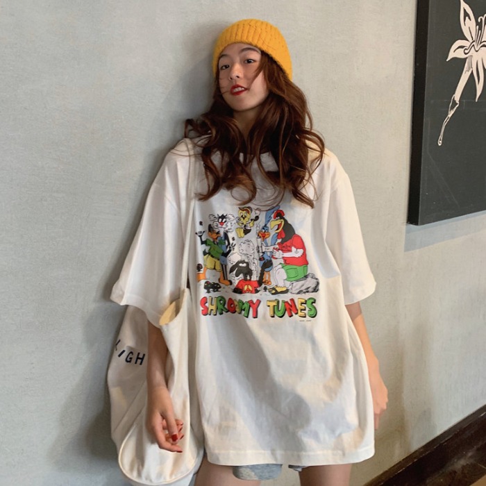 2022 spring and summer Korean version lovers ins superfire half-sleeve T-shirt loose 100 hitch short sleeve blouse with long version of T-shirt female tide