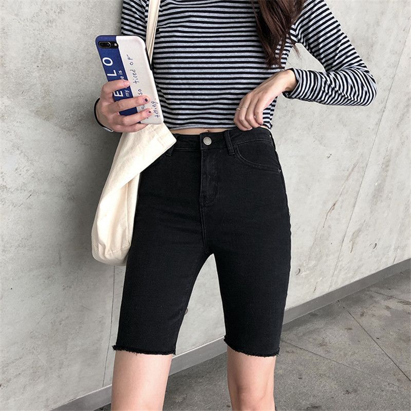 Denim 50% Pants Woman Summer Thin slim fit 50% Pants Hair Side Riding Pants High Waist Display Slim Shorts Subtidal