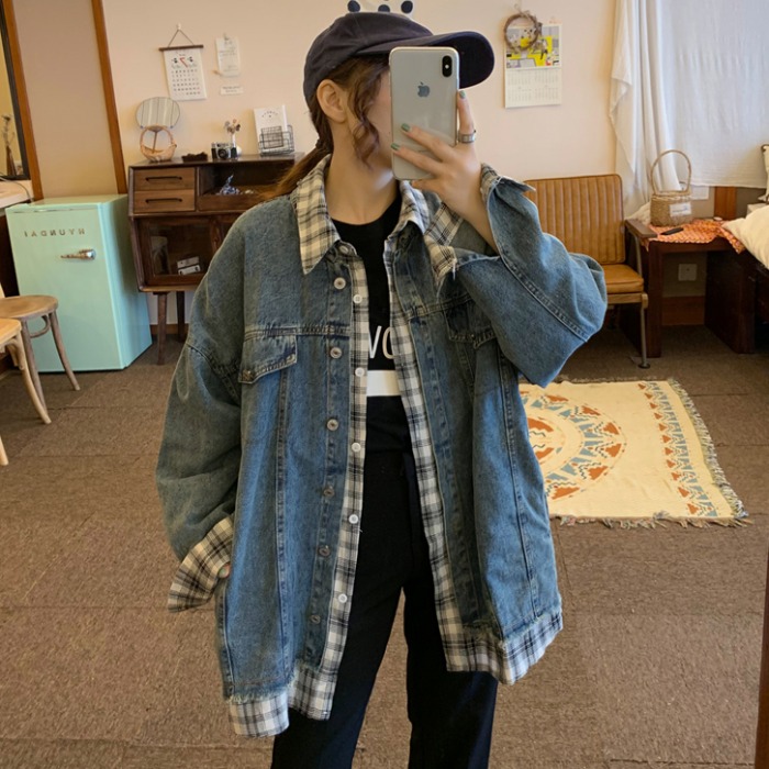 Denim jacket women's spring and autumn 2022 new Korean version loose all-match casual fake two-piece top ins tide Harajuku