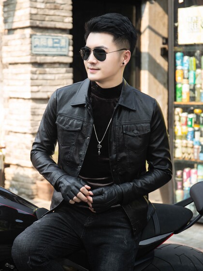 型男机车皮衣修身短款秋冬新款皮外套男士韩版潮流痞帅气翻领夹克