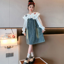 Girl Braces Skirt Suit 2024 Spring Autumn Long Sleeves Lace Collar Shirt Denim Pendant With Skirt 2 Sets Foreign Air Wear