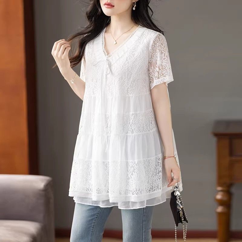 Plus-Size Casual 150kg Loose-Fitting, Body-Covering Mid-Length Heavy Chiffon Patchwork V-Neck Short-Sleeve Pullover Lace Top Plus-Size Casual 150kg Loose-Fitting, Body-Covering Mid-Length Heavy Chiffon Patchwork V-Neck Short-Sleeve Pullover Lace Top