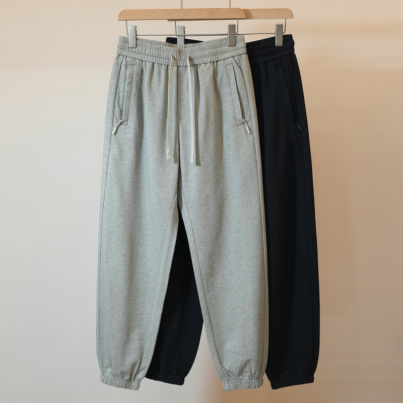 2026 Autumn Gray Sweatpants for Men with Zipper Pockets, Loose Fit, Elastic Cuffs, Knitted, Stretchy, American Style, Casual Versatile Sports Pants