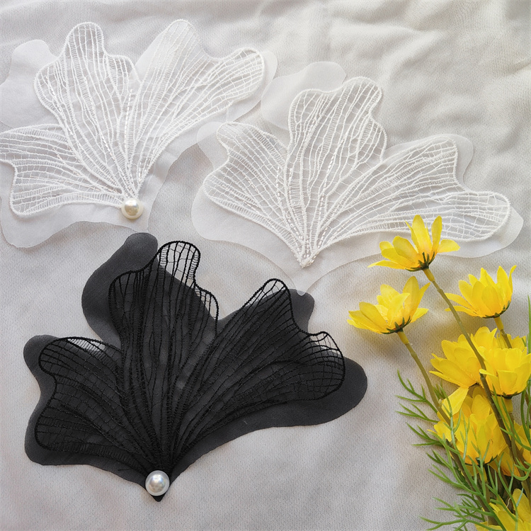 New Black and White Double-Layer Mesh Leaf and Feather Patch DIY Handmade Fishing Line Embroidery Lace Fabric Patch