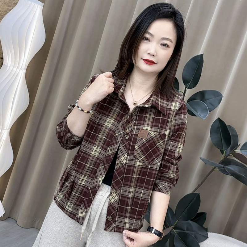 Spring New Trendy Fashionable Cardigan Top Versatile Loose Slimming Look Slimming Lapel Women's Long-Sleeved Plaid Shirt