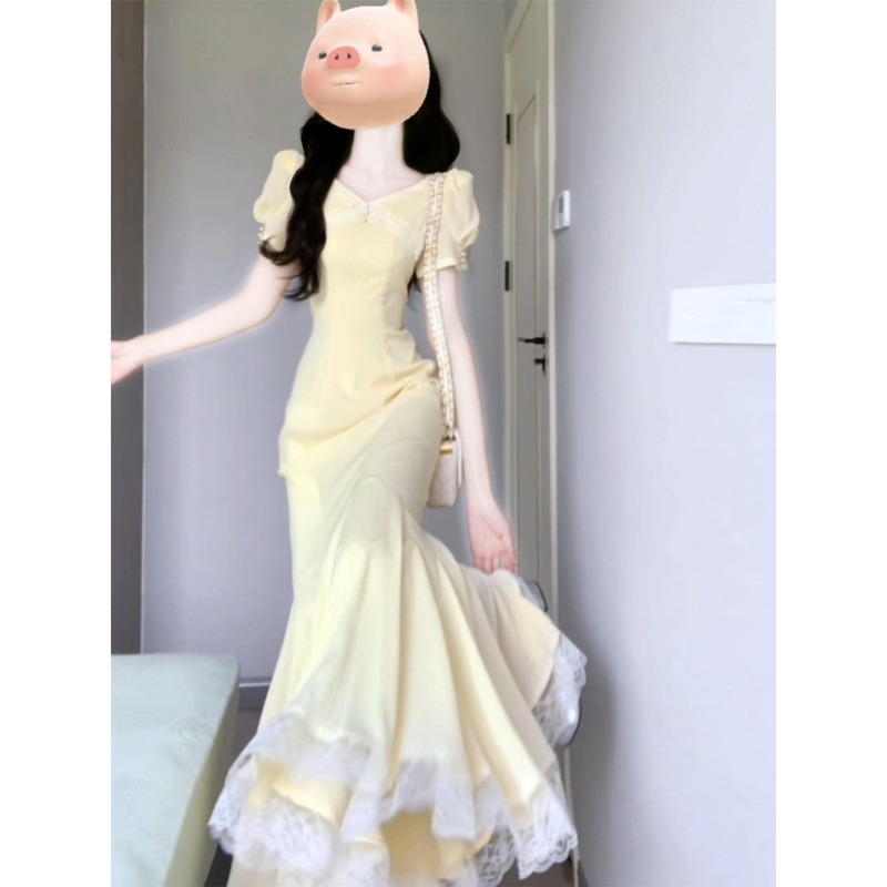 French Lace Splicing Yellow Dress for Women, 2026 Summer New Style, High-End Slim-Fit Fishtail Bodycon Long Dress French Lace Splicing Yellow Dress for Women, 2026 Summer New Style, High-End Slim-Fit Fishtail Bodycon Long Dress