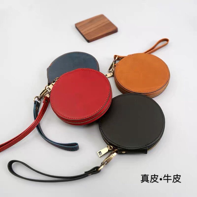 Handmade Cowhide Women's Mini Coin Purse Wallet Round Genuine Leather Zipper Coin Bag Small Key Card Holder Lipstick Bag