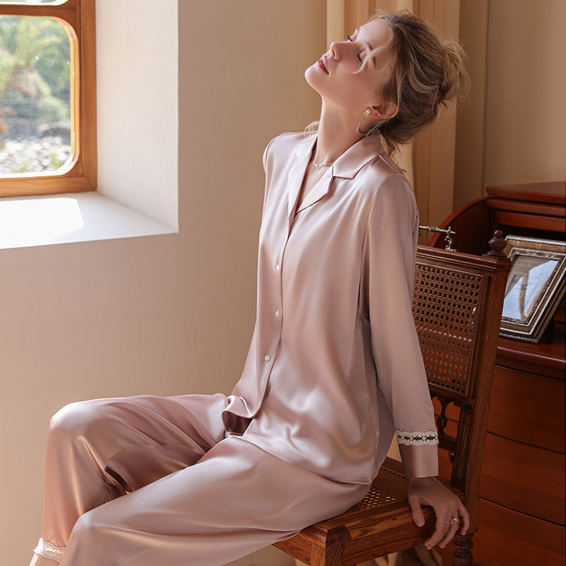 2026 New Style Loose-Fitting Pajamas for Women, Summer Thin Ice Silk Long-Sleeve High-End Silk Loungewear Two-Piece Set