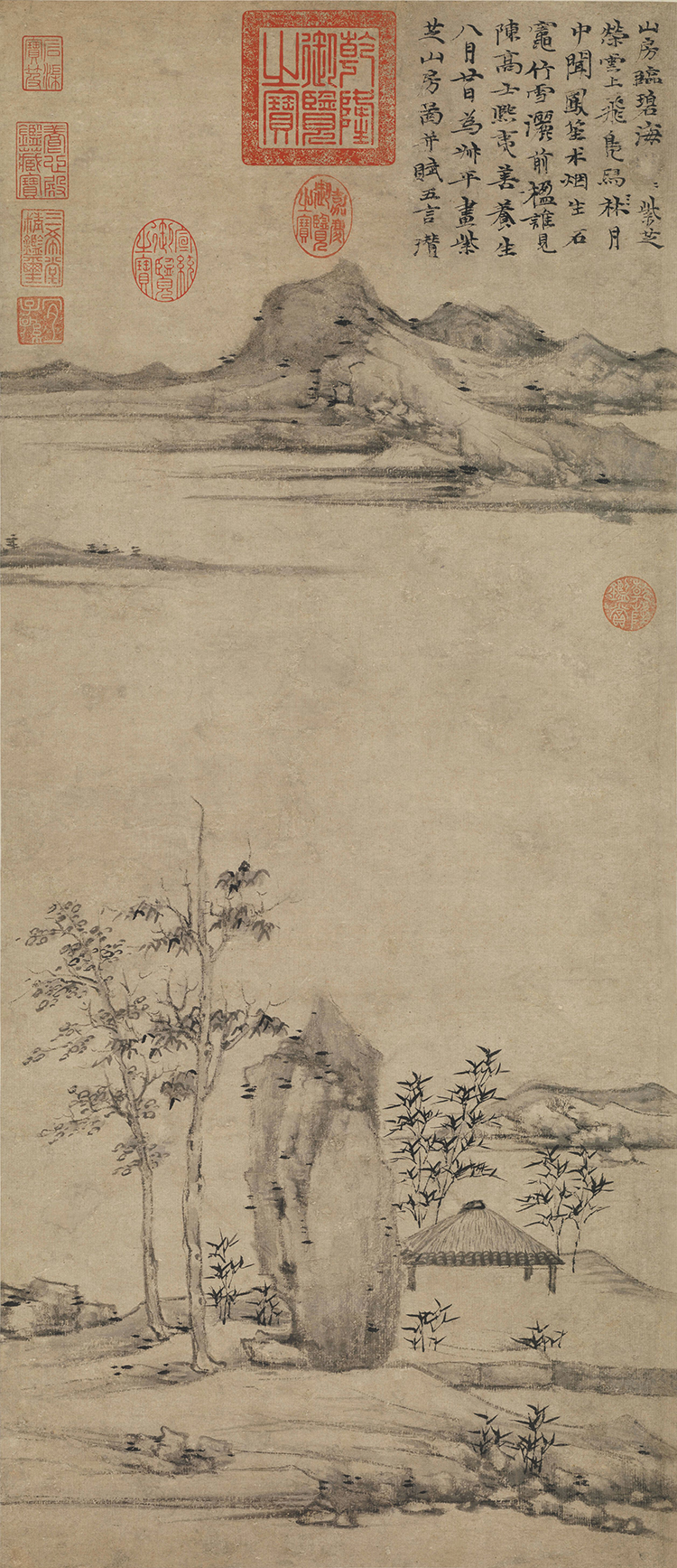 Yuan Sijia Ni Zan Zizhi Mountain House Three-foot Landscape Chinese Painting Ink Painting Genuine Replica Antique Painting Micro-Jet Printing