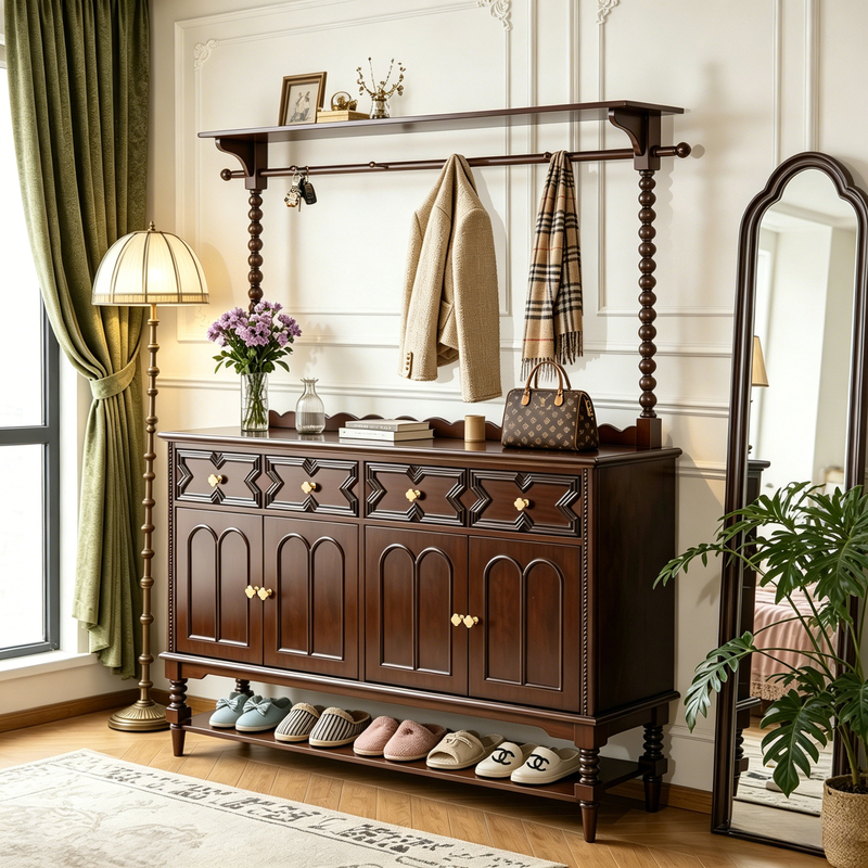 French-Style Mid-Century Solid Wood Entryway Shoe Cabinet and Coat Rack Integrated Against the Wall for Home Use at the Entrance Door Storage Cabinet Shoe Rack French-Style Mid-Century Solid Wood Entryway Shoe Cabinet and Coat Rack Integrated Against the Wall for Home Use at the Entrance Door Storage Cabinet Shoe Rack