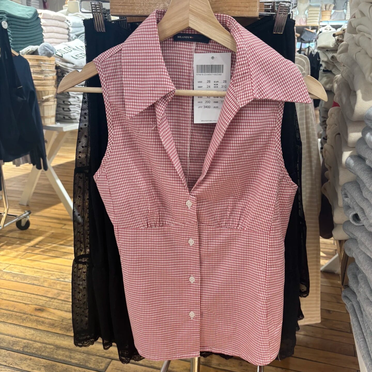 BM官网红格子无袖衬衫夏季美式风格单排扣翻领百搭显瘦甜辣衬衣女