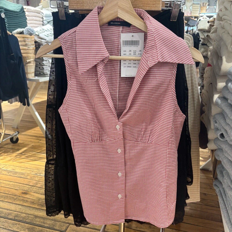 Bm Official Website Red Plaid Sleeveless Shirt Summer American Style Single-Breasted Lapel Versatile Slimming Sweet and Spicy Shirt for Women