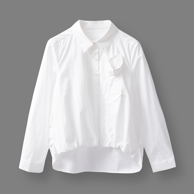 Irregular White Long-Sleeved Shirt for Women, Spring Top, 2026 New Style, Elegant, Short in Front and Long in Back, Cotton Pullover Shirt