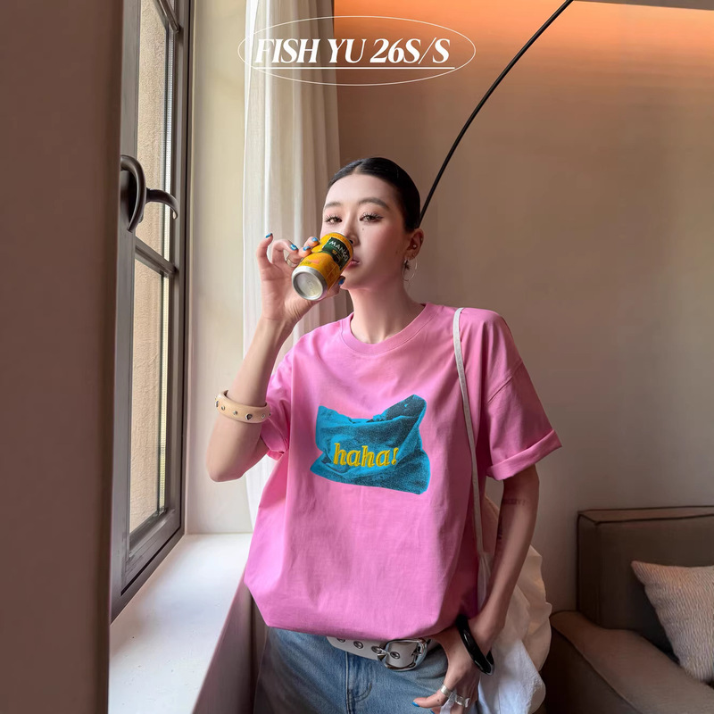 Authentic In-Stock Fishyu Korean Style Colorful Pocket 3D Printed Loose Round Neck Casual Short-Sleeve T-Shirt for Women