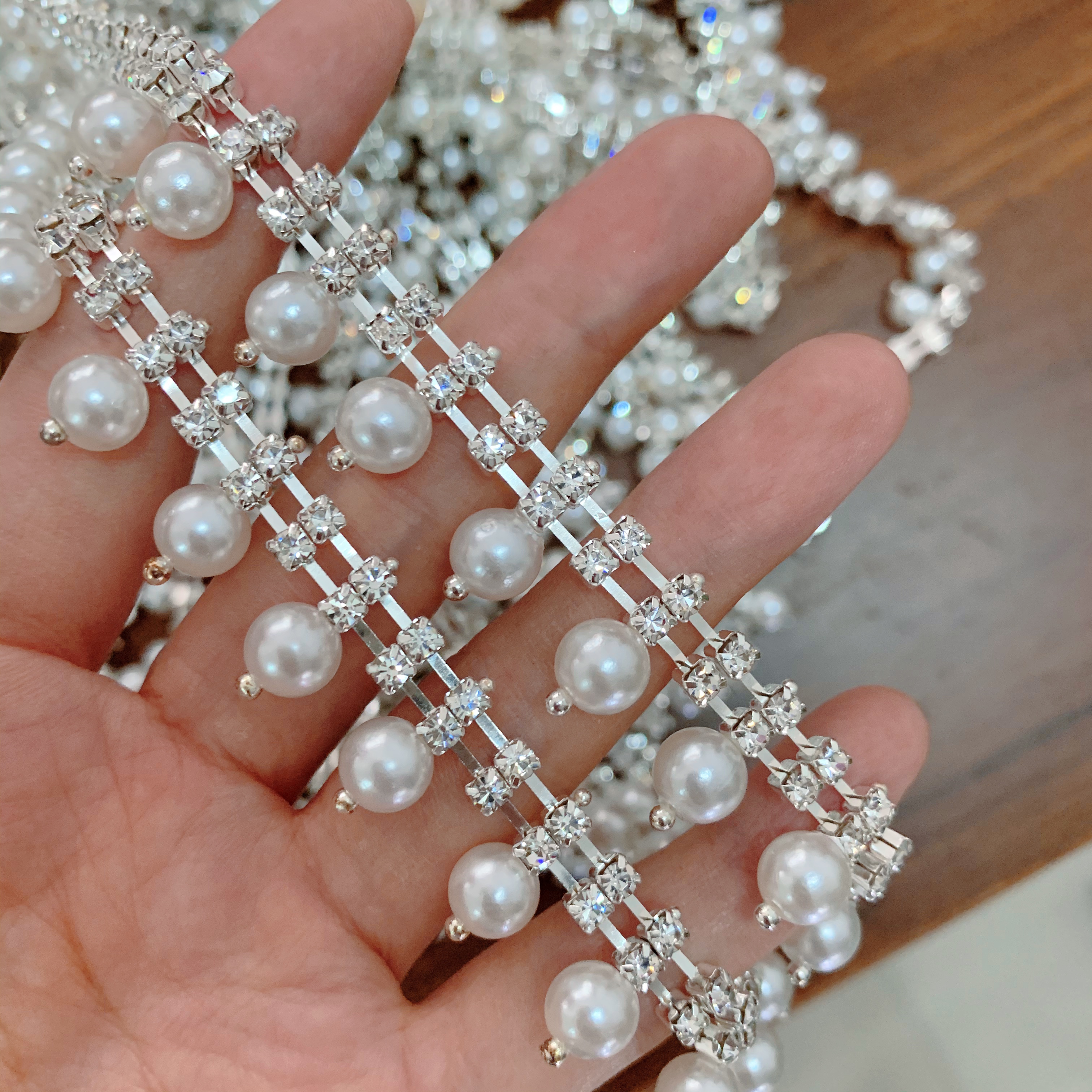 Pearl Round White Silver Bottom Diamond Chain Bag Air Force One Shoes Decoration Rhinestone Chain DIY Jewelry Accessories