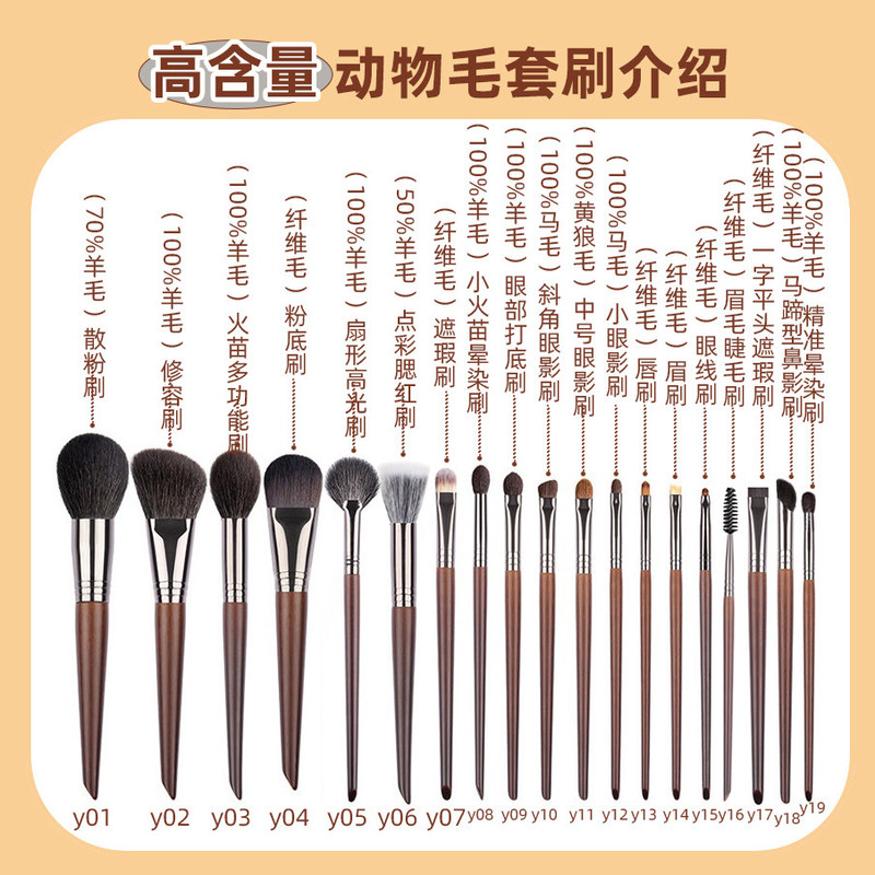 19-Piece Animal Hair Makeup Brush Set for Beginners, Cangzhou Set, Wool Beauty Tools, Blending Full Set of Brushes, Soft Bristles