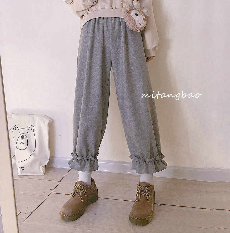 Tự làm hem ren retro quần harem lỏng lẻo sinh viên ulzzang eo cao mùa thu và quần mùa đông cô gái quần dài