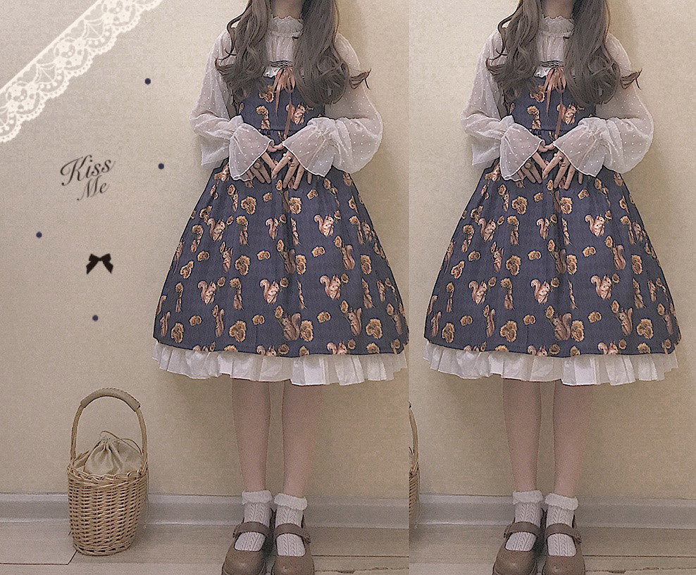 Squirrel gốc hướng dương jsk Nhật Bản dễ thương cao eo cao váy nhỏ dây đeo váy cô gái váy suông rút eo	