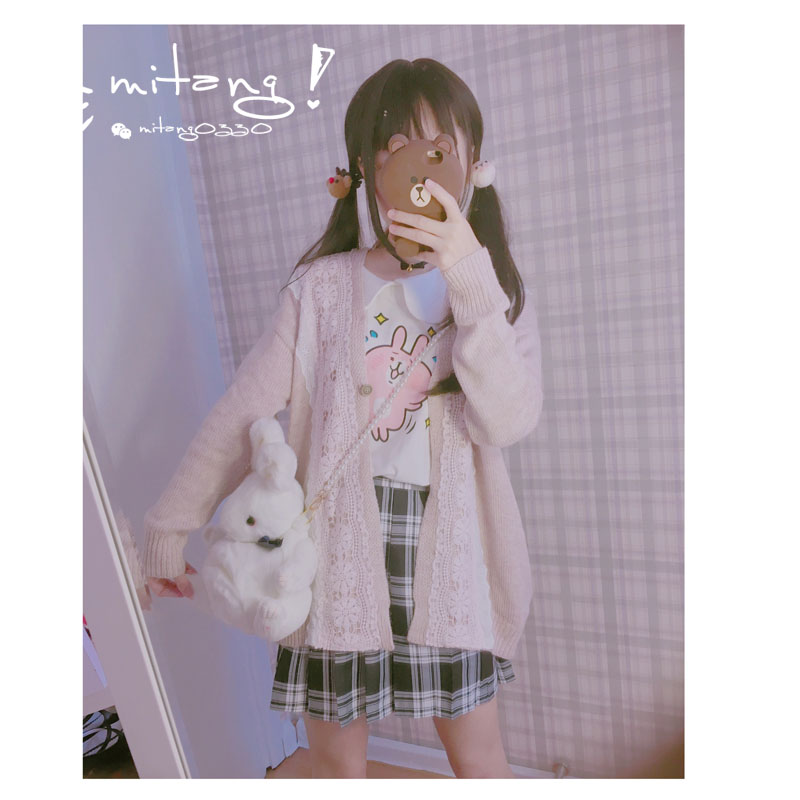 [Bán lại] ren. Áo len nữ màu hồng mềm mại của Nhật Bản áo len mùa thu retro dễ thương áo len nữ form rộng