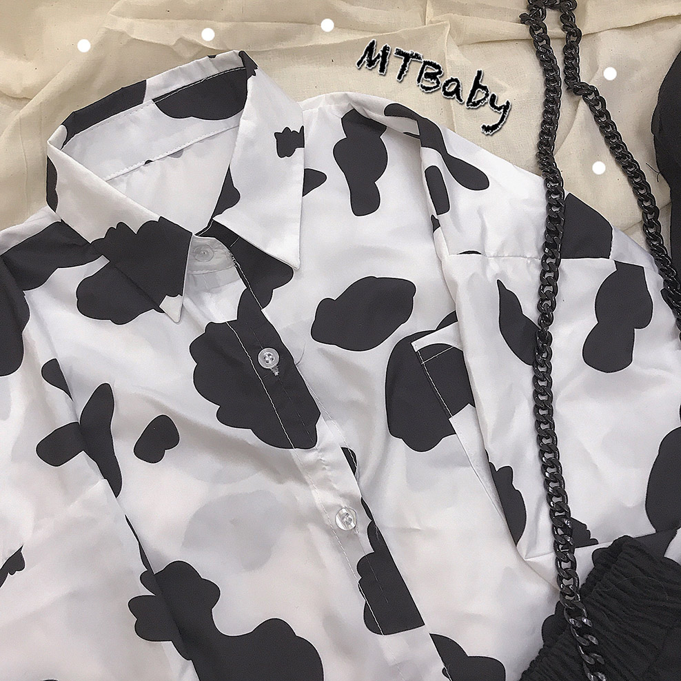 Bò in áo gió retro cá tính họa tiết bò lỏng phong cách Harajuku áo dài tay dài nữ áo sơ mi form rộng nữ