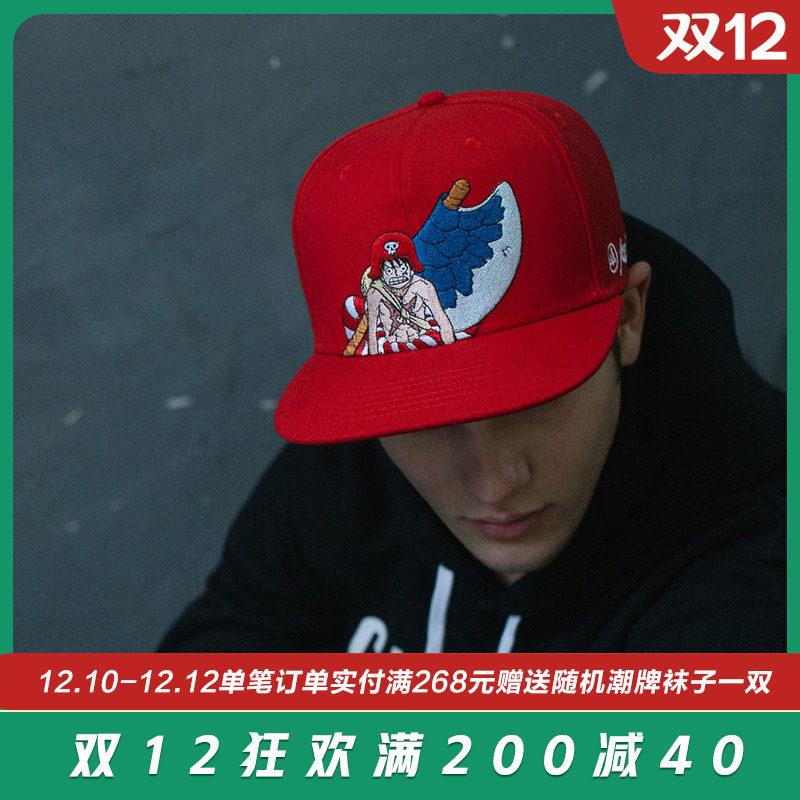 新帽城one Piece海賊王魯夫斧頭人物刺繡黑 紅色平檐帽棒球帽