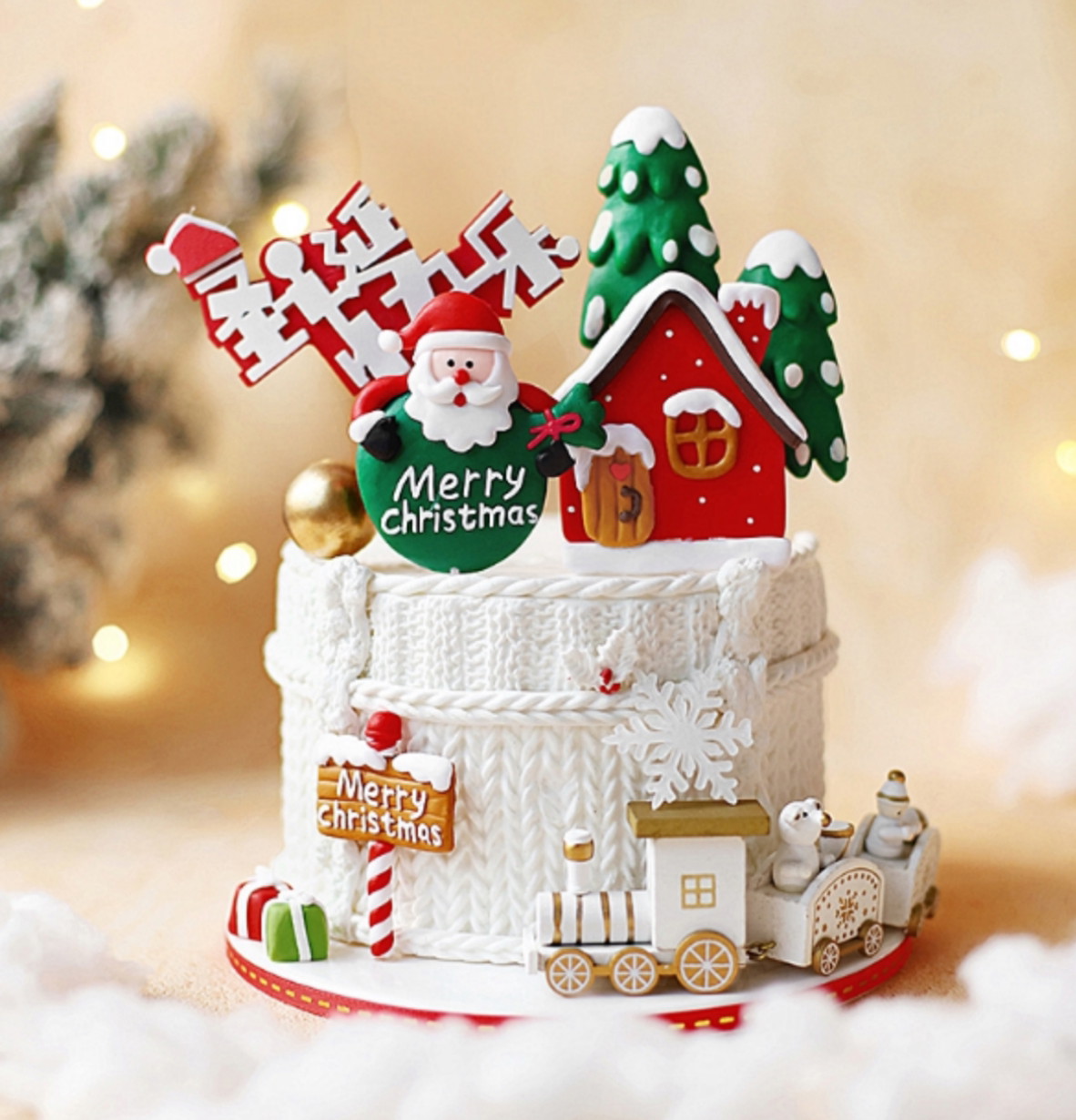 Christmas Bakery Cake Decoration Swing Soft Tao Pine Red House Old Man Road Sign Christmas Train Dessert