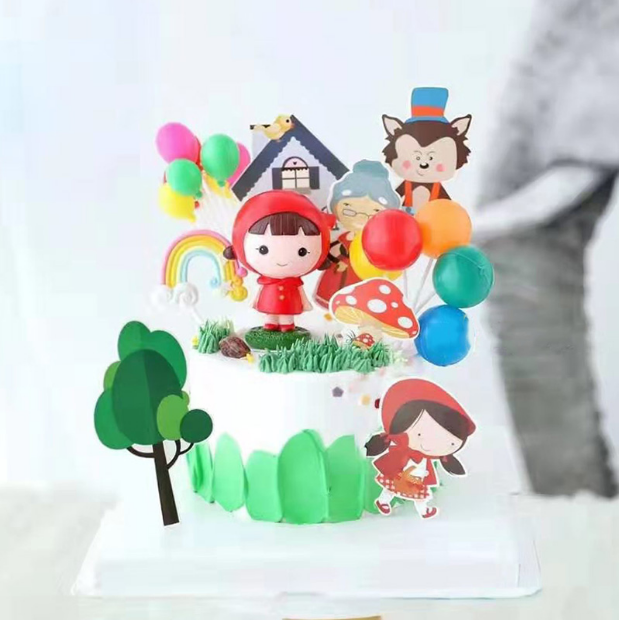 Birthday Cake Decoration Fairy Tales Small Red Hat Large Grey Wolf children insert Swing Pieces Baby Birthday Sweet dress-Taobao