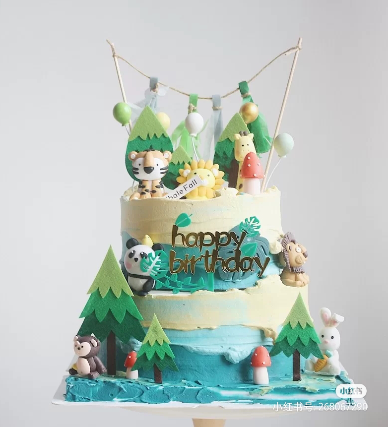 Baked cake decorated forest Lion Tiger Elephant giraffe panda dinosaur soft pottery plugin