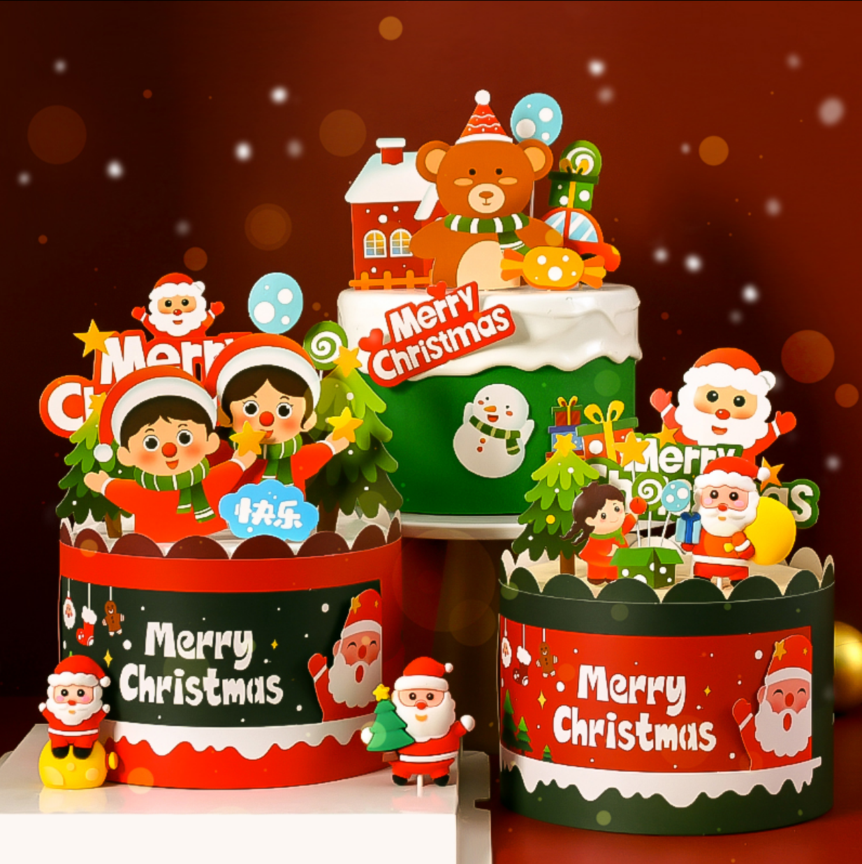 Christmas cake rim decoration Christmas Pine Snowman Little Train Plug-in Party Dessert Tai dress up