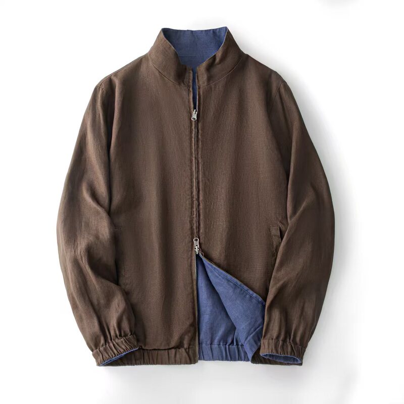 Lp Version 100% Linen Old Money Style Bomber Men's Stand Collar Reversible Jacket Casual Spring and Autumn Coat