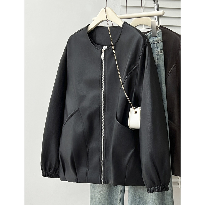 Plus-Size Women's Korean-Style Fashion Casual Leather Jacket for Women, Loose Fit, Slimming, Versatile, Stylish, Collarless Jacket Cardigan