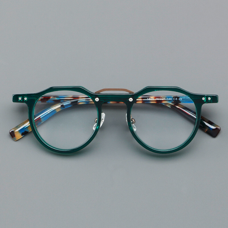Japanese Designer Handmade Acetate Eyeglass Frames, Irregular Green and Black Frames, Vintage Aviator Glasses, Can Be Fitted with Prescription Lenses