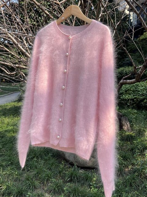 High-End 100% Cashmere Lazy Style Washed Brushed Cashmere Cardigan Top Round Neck Cashmere Sweater Coat Trendy