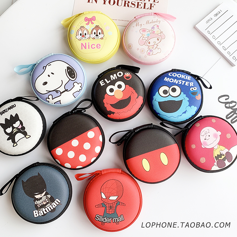 Korean Round Earphone Cable Storage Bag, Cute Cartoon Data Cable Charger Storage Box, Mini Coin Purse, Anti-Fall