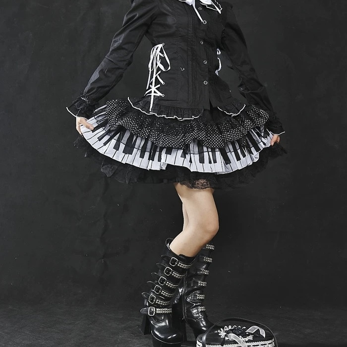 Youleting/Glp Gothic Dark Lolita Lace Splicing Piano Key Skirt Half-Length Tutu Skirt Black and White Two-Tone