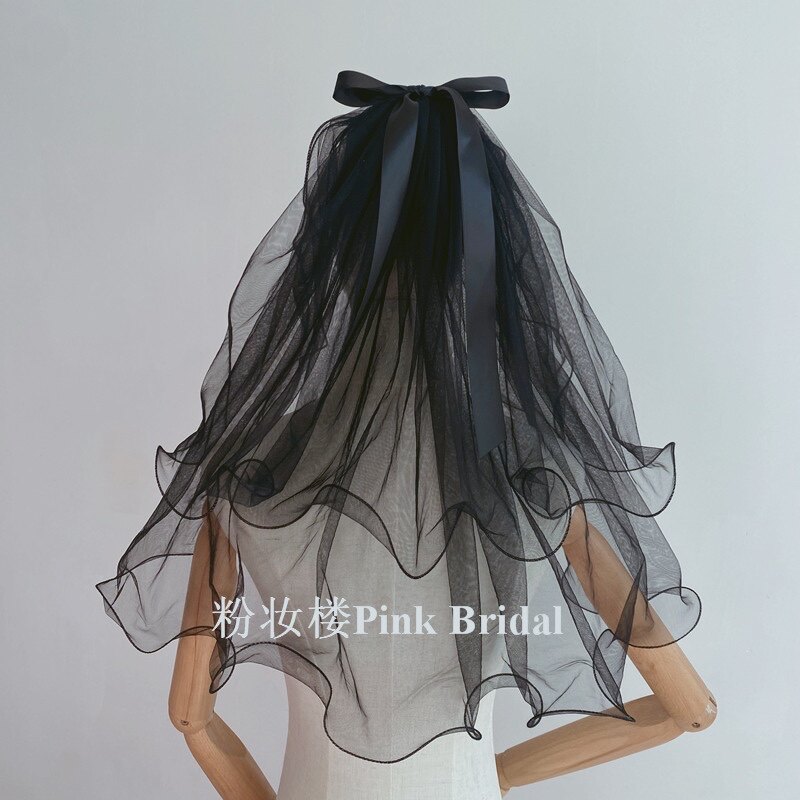 Dark Black Gothic Halloween COS Black Butterfly knot yarn Short style Playful Photo Gallery Photo Ornament Soft Yarn