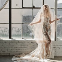 Bride head yarn headdress Mori long tailing 3 meters soft yarn photo props Super fairy wedding light champagne veil