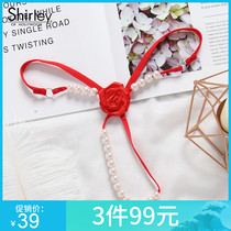 American Shirley Crotchless thong female summer hollow flower beads hot transparent low waist temptation sexy T pants