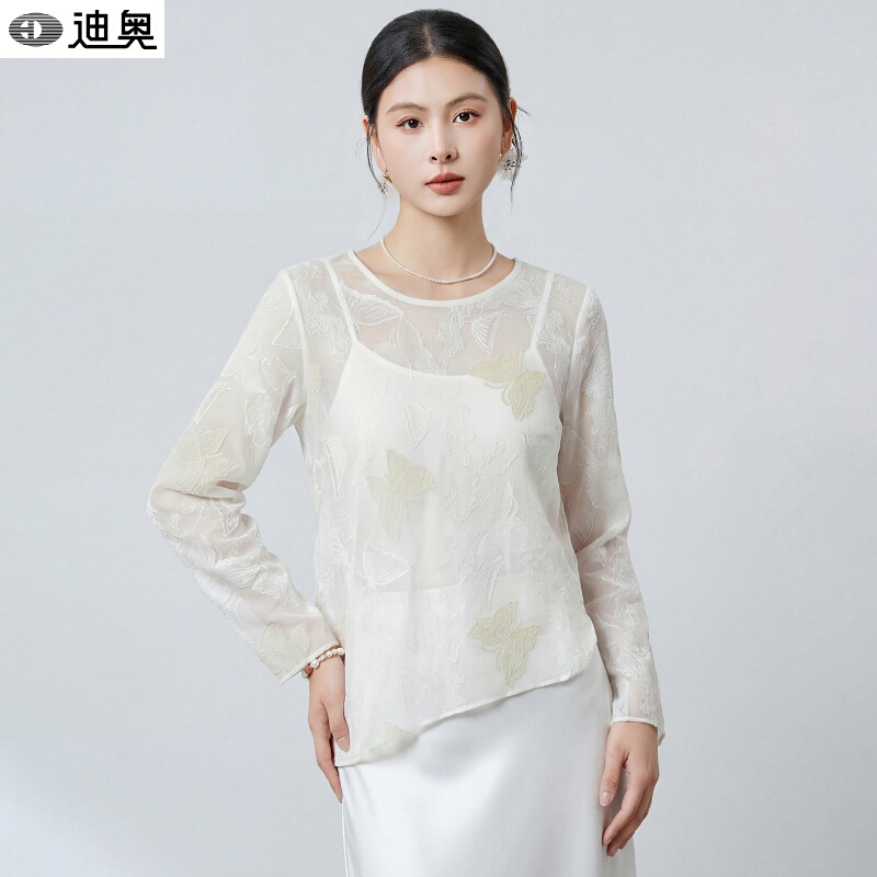 Dior Summer Silk Shirt for Women 2026 New Style Light Luxury Elegant Butterfly Cut Lace Silk Blouse Top
