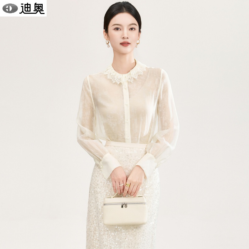 Dior Early Spring Long-Sleeved Shirt for Women 2026 New Style French Lace Collar Atmospheric Ice Silk Blended Yarn Shirt