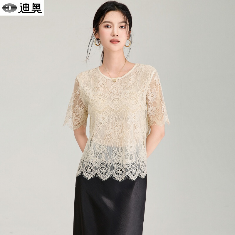 Dior French-Style Lace Short-Sleeve Women's Summer 2026 New Niche Design Loose Slimming Round-Neck T-Shirt Top