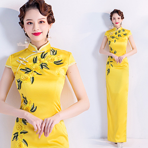 Evening dress prom gown Yellow Chinese banquet annual meeting stage performance show etiquette show host Qipao 
