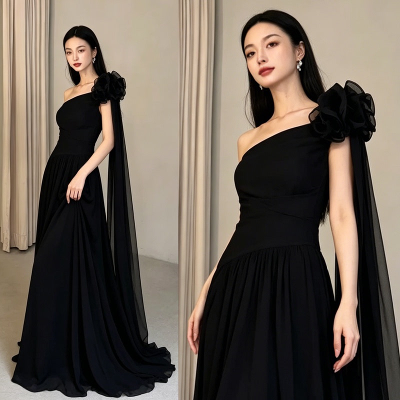 Black One-Shoulder Evening Dress for Music Students, Piano Performance, Birthday, Coming-Of-Age Ceremony, Host, Evening Wear 20786 Black One-Shoulder Evening Dress for Music Students, Piano Performance, Birthday, Coming-Of-Age Ceremony, Host, Evening Wear 20786