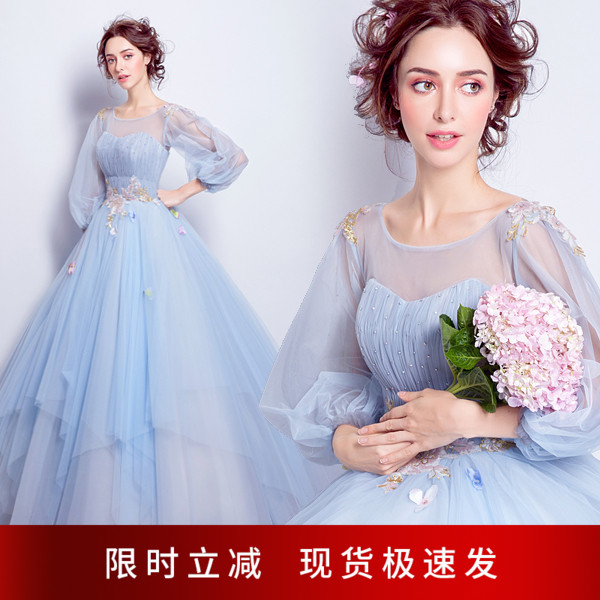 Angel's marry court breath blue French long sleeve exam annual event presenter wedding dress 6001