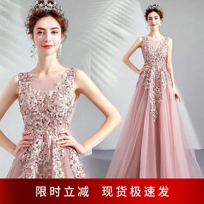 Angel wedding dress soft pink princess bride wedding toast dress dinner annual party performance bridesmaid wedding dress 5088